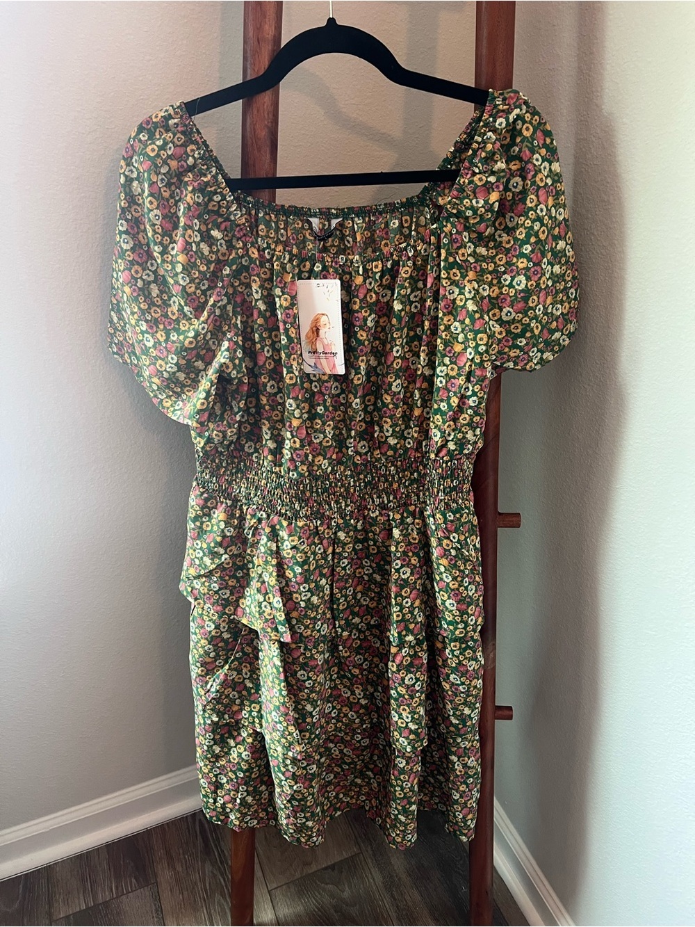 PrettyGarden Green Floral Smocked Ruffle Mini Dress Square Neck Puff Sleeve L